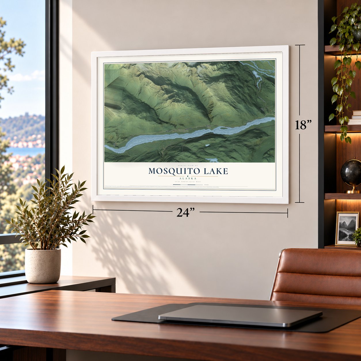 Mosquito Lake, Alaska map, 18 x 24 inch print in a white frame in a home office