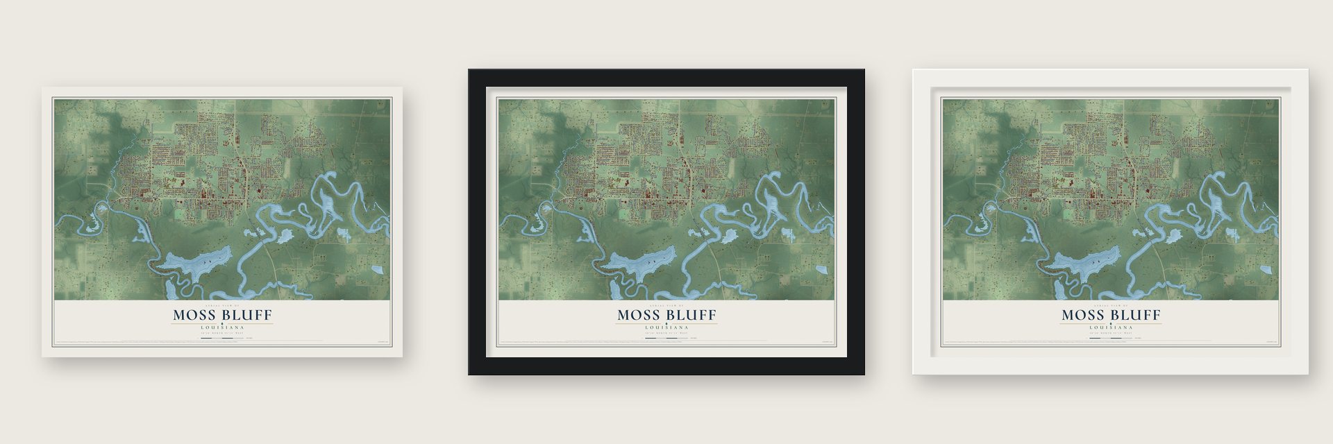 Moss Bluff, Louisiana map unframed, in a black wood frame and in a white wood frame