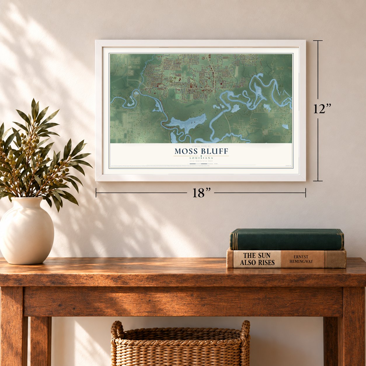 Moss Bluff, Louisiana map, 12 x 18 inch print in a white frame in an entryway