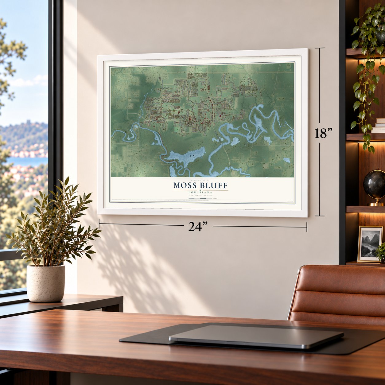 Moss Bluff, Louisiana map, 18 x 24 inch print in a white frame in a home office
