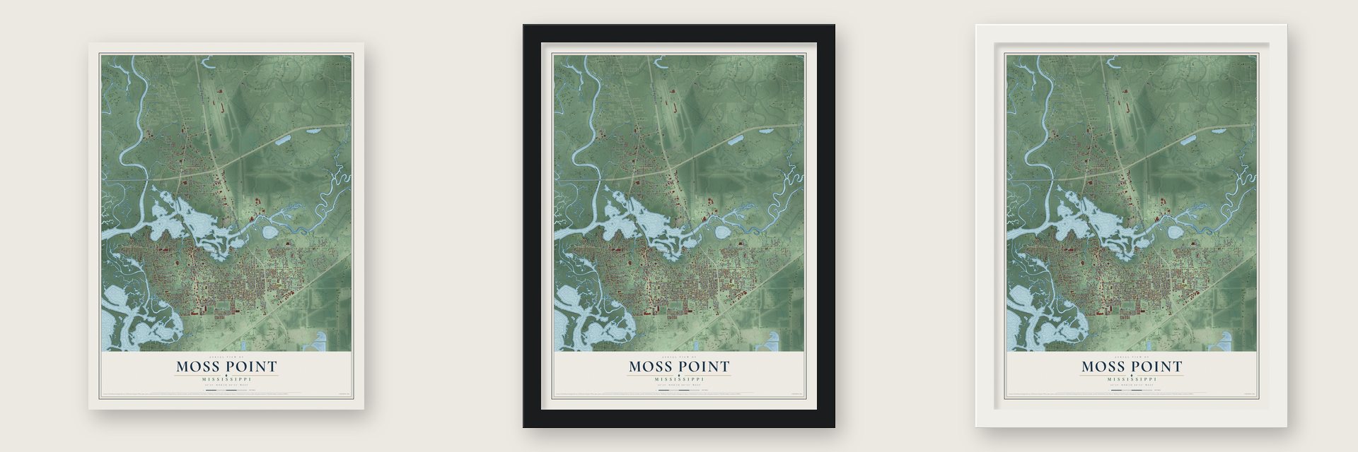 Moss Point, Mississippi map unframed, in a black wood frame and in a white wood frame
