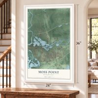 Moss Point, Mississippi map, 24 x 36 inch print in a white frame by a staircase