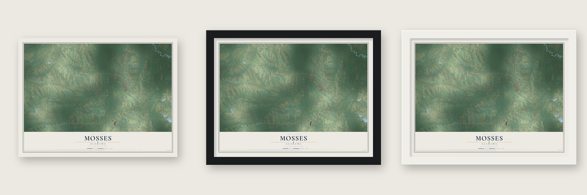 Mosses, Alabama map unframed, in a black wood frame and in a white wood frame