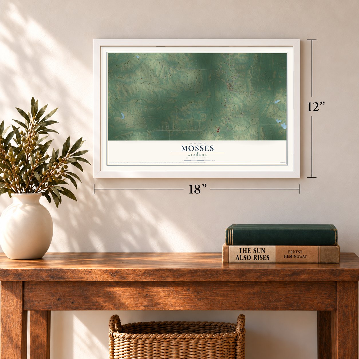Mosses, Alabama map, 12 x 18 inch print in a white frame in an entryway