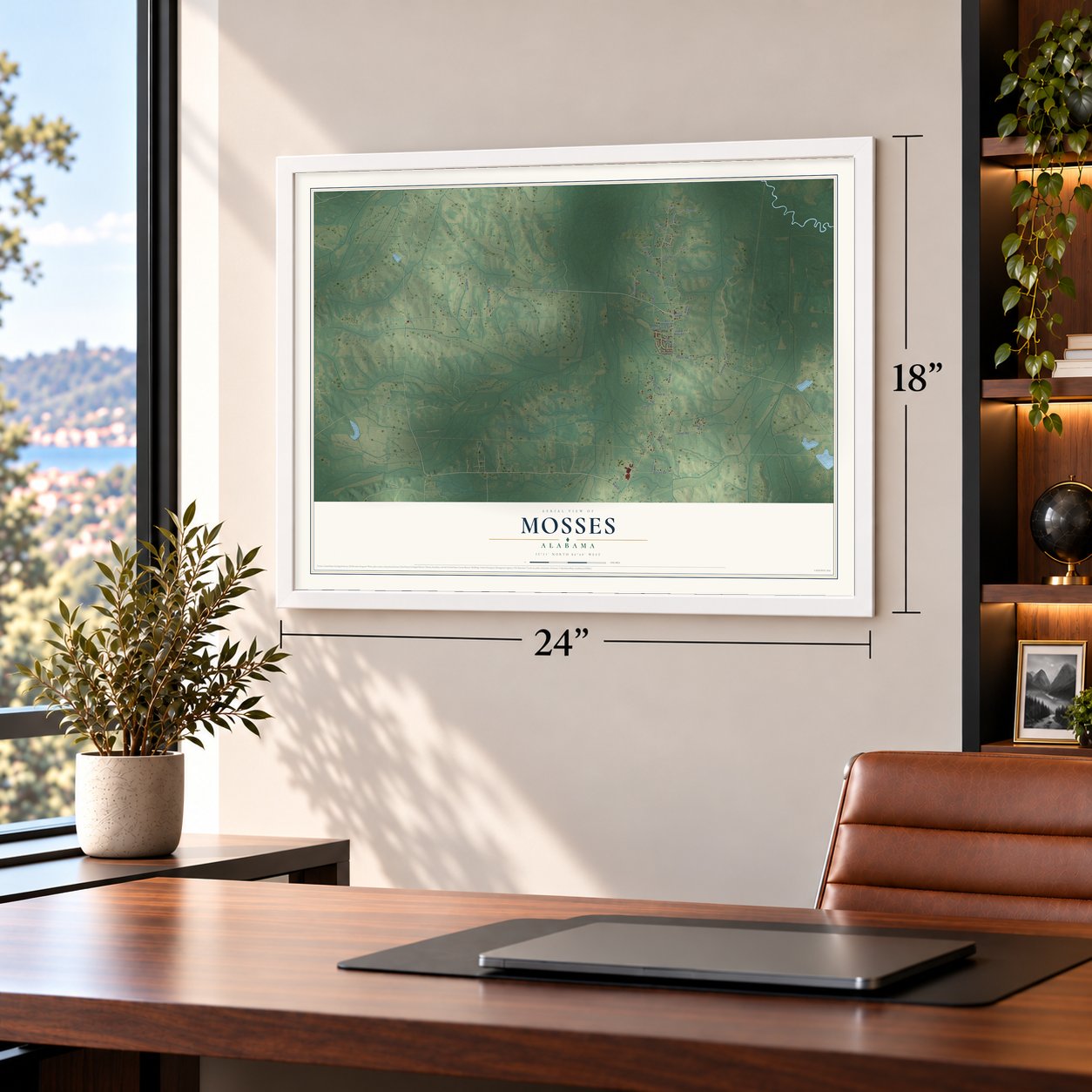 Mosses, Alabama map, 18 x 24 inch print in a white frame in a home office