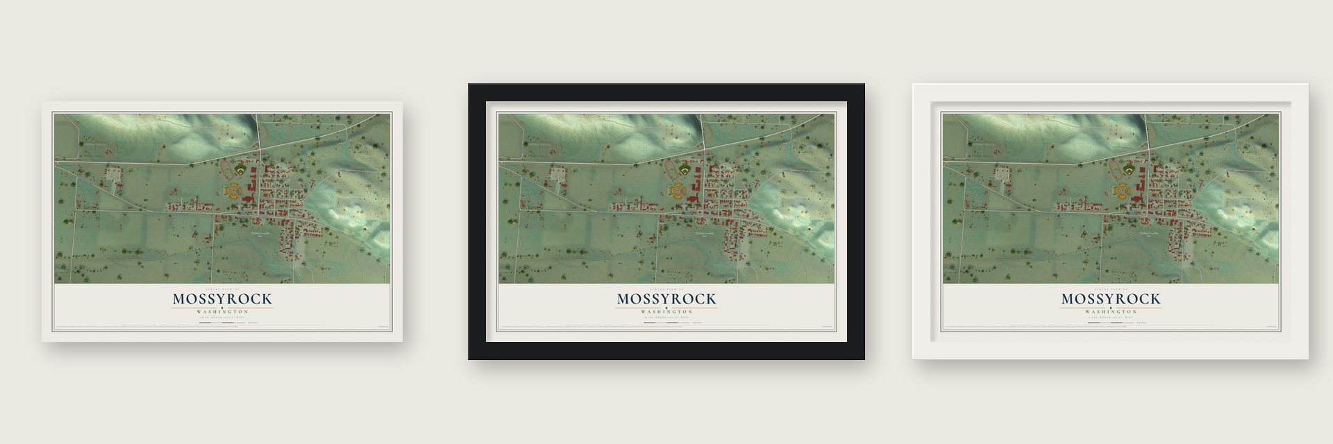 Mossyrock, Washington map unframed, in a black wood frame and in a white wood frame