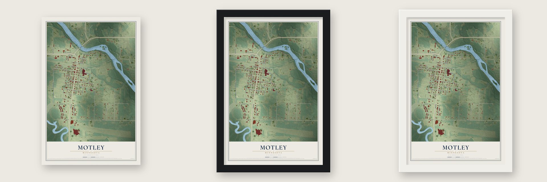 Motley, Minnesota map unframed, in a black wood frame and in a white wood frame