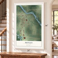 Motley, Minnesota map, 24 x 36 inch print in a white frame by a staircase