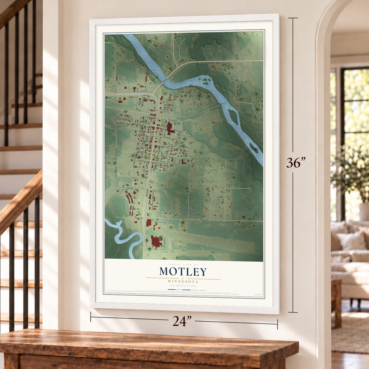 Motley, Minnesota map, 24 x 36 inch print in a white frame by a staircase