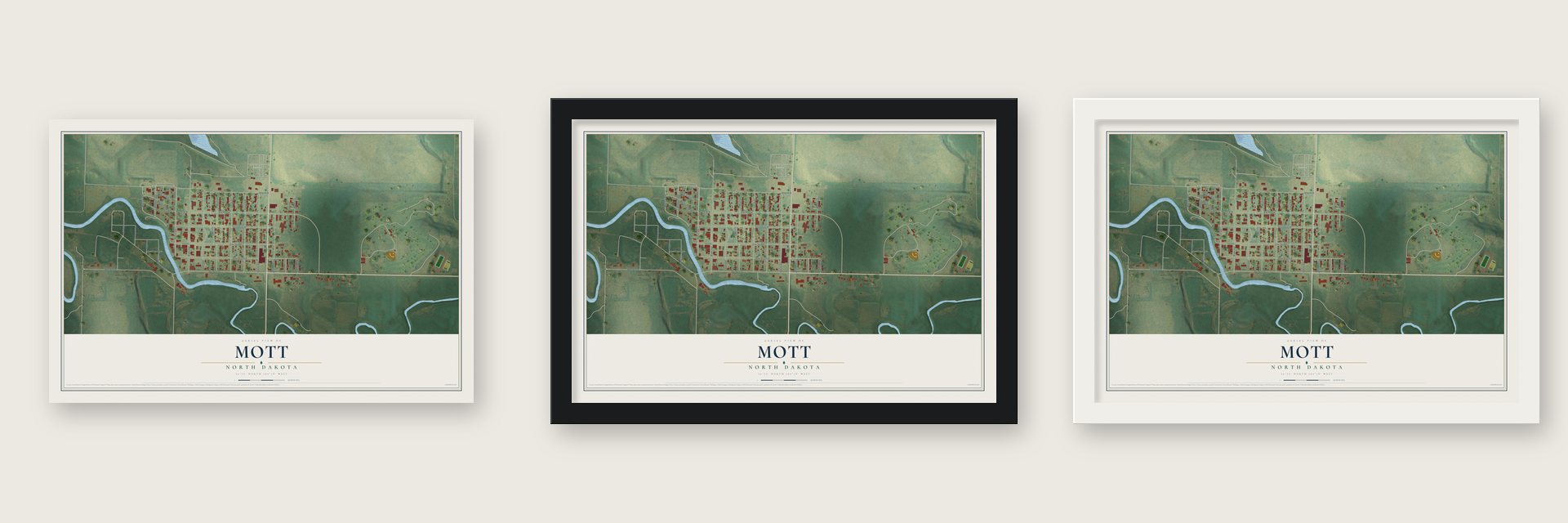 Mott, North Dakota map unframed, in a black wood frame and in a white wood frame