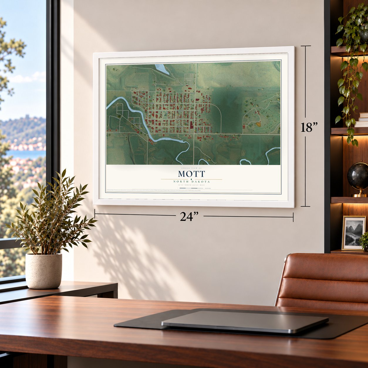 Mott, North Dakota map, 18 x 24 inch print in a white frame in a home office