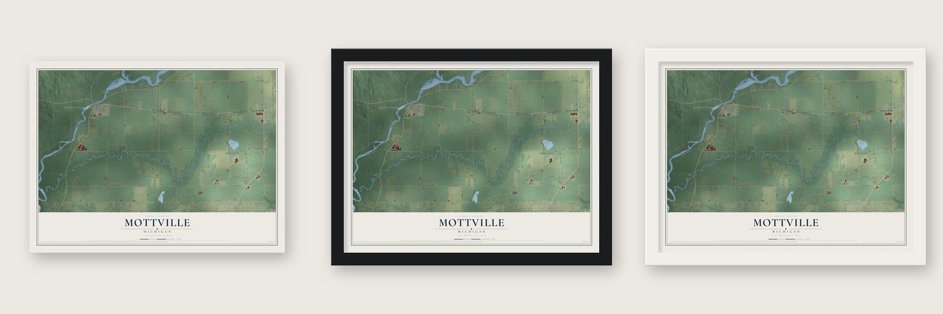 Mottville, Michigan map unframed, in a black wood frame and in a white wood frame
