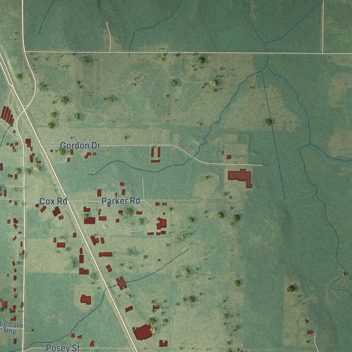 Second close-up of the map of Moulton, Alabama print showing more streets and buildings
