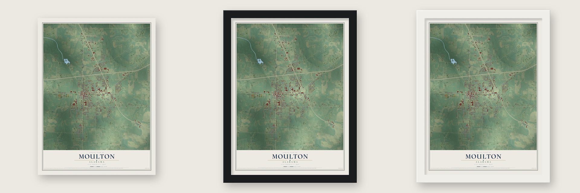 Moulton, Alabama map unframed, in a black wood frame and in a white wood frame