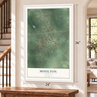 Moulton, Alabama map, 24 x 36 inch print in a white frame by a staircase