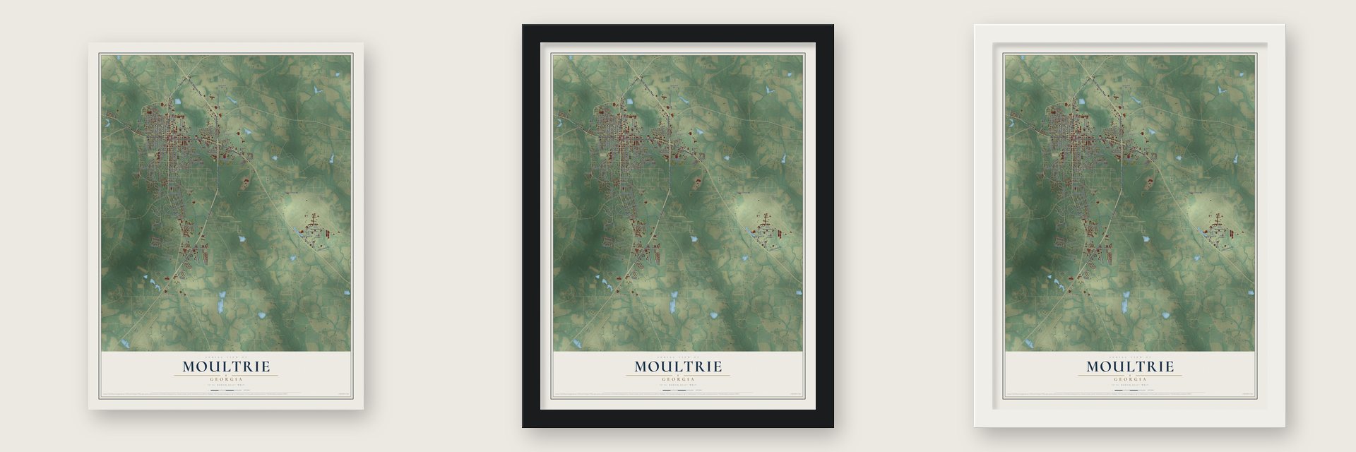 Moultrie, Georgia map unframed, in a black wood frame and in a white wood frame
