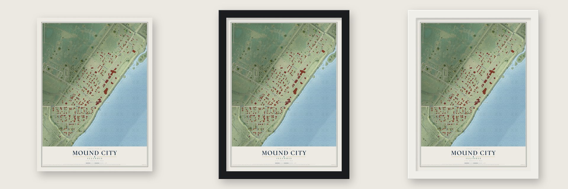 Mound City, Illinois map unframed, in a black wood frame and in a white wood frame