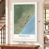 Mound City, Illinois map, 24 x 36 inch print in a white frame by a staircase