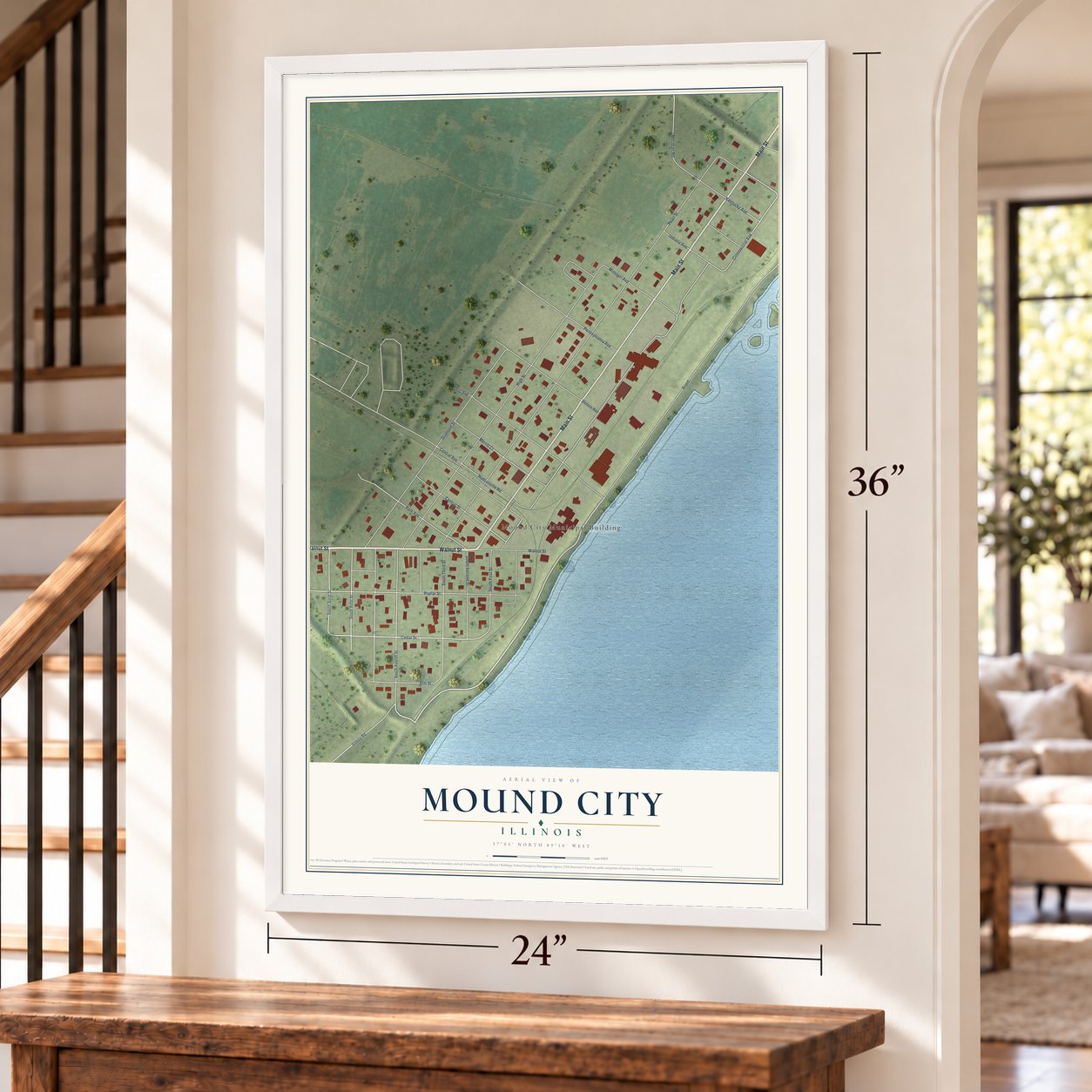 Mound City, Illinois map, 24 x 36 inch print in a white frame by a staircase