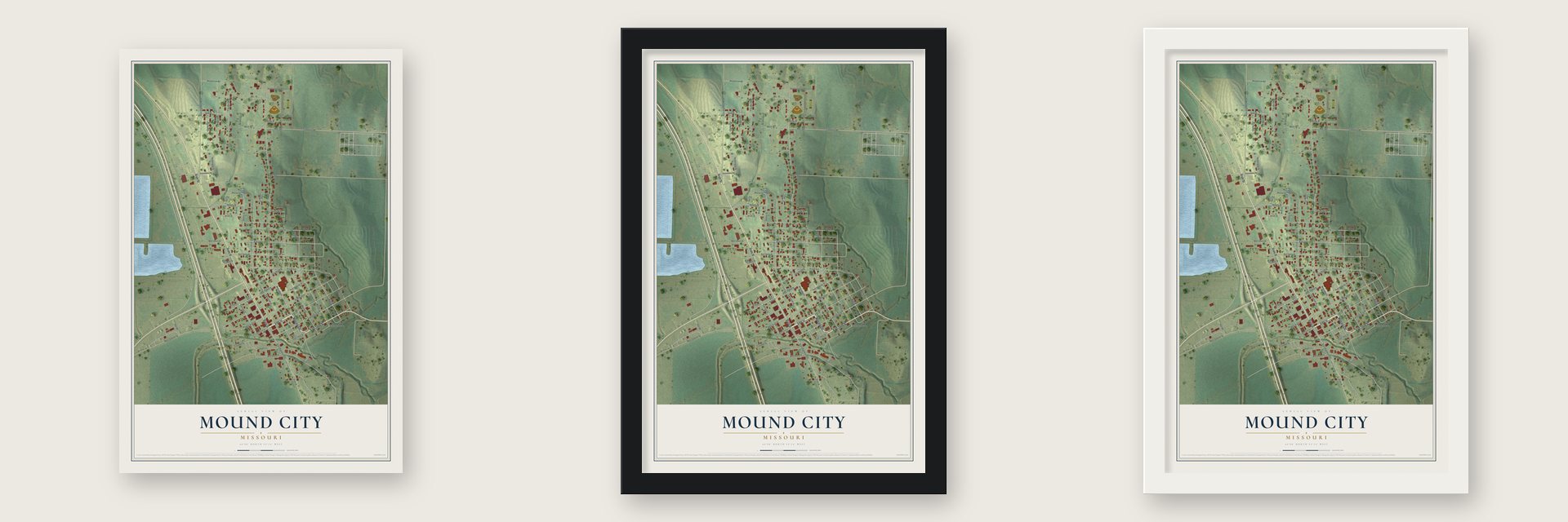 Mound City, Missouri map unframed, in a black wood frame and in a white wood frame