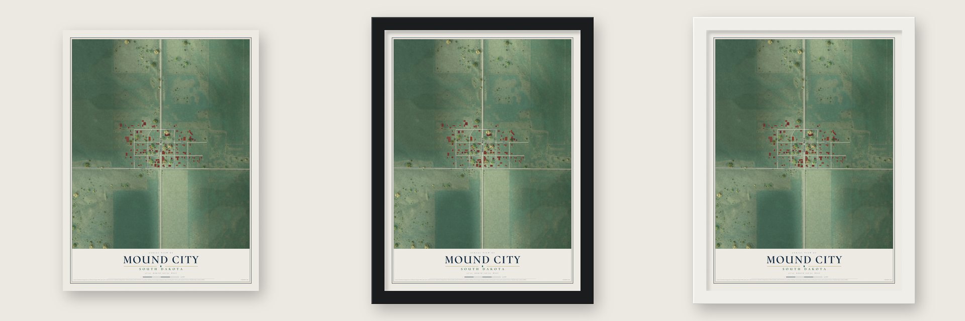 Mound City, South Dakota map unframed, in a black wood frame and in a white wood frame
