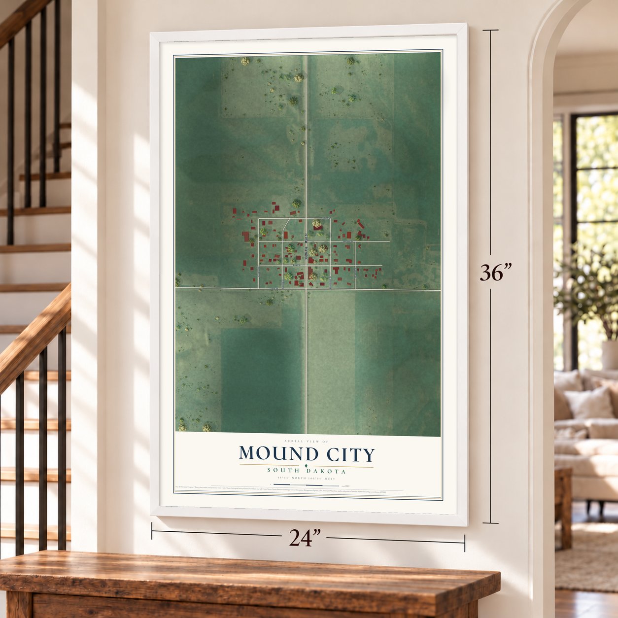 Mound City, South Dakota map, 24 x 36 inch print in a white frame by a staircase
