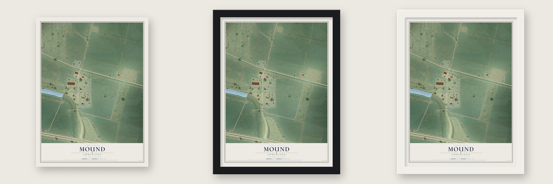 Mound, Louisiana map unframed, in a black wood frame and in a white wood frame