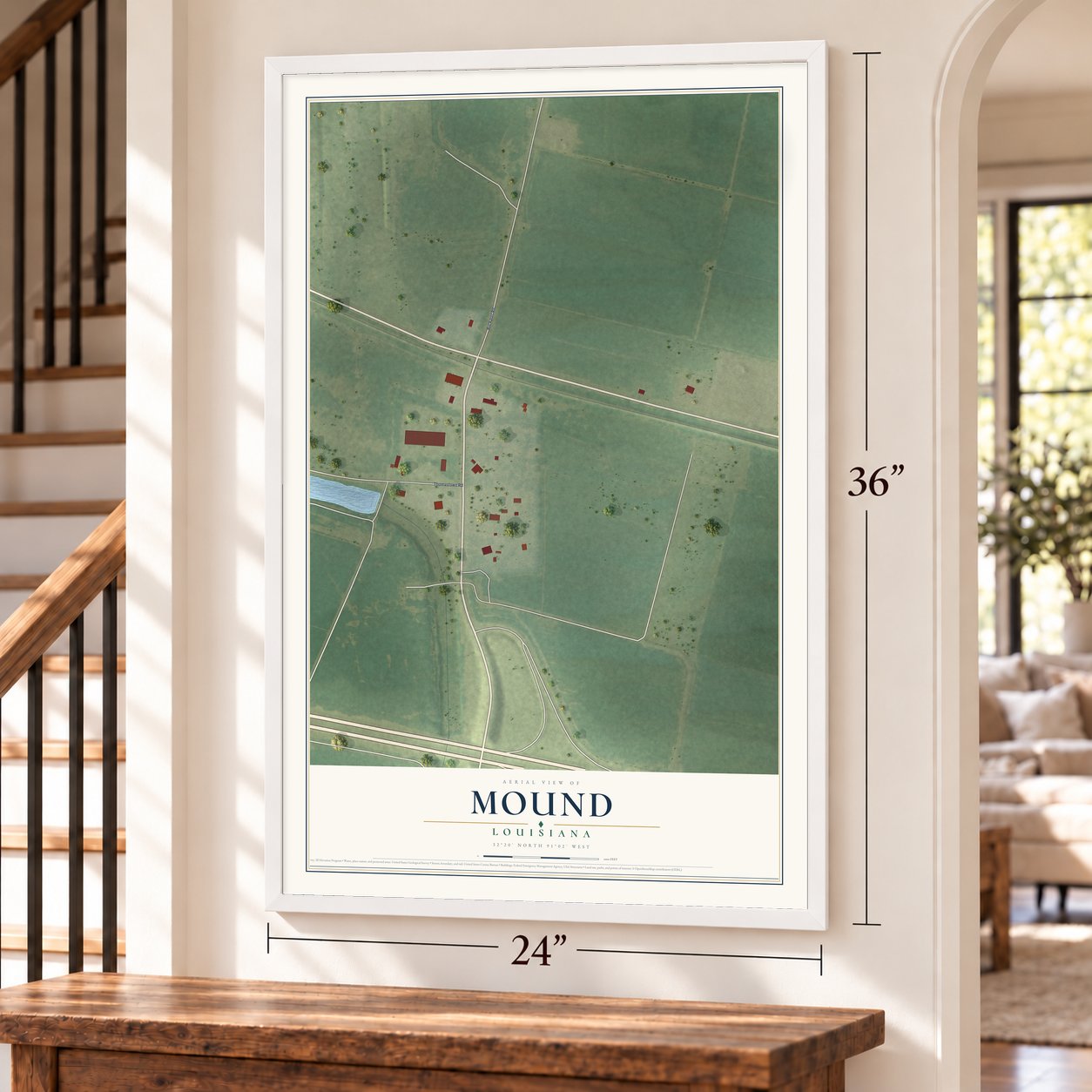 Mound, Louisiana map, 24 x 36 inch print in a white frame by a staircase