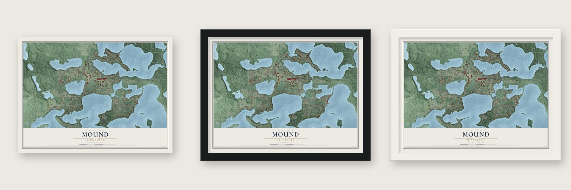 Mound, Minnesota map unframed, in a black wood frame and in a white wood frame