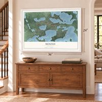 Mound, Minnesota map, 24 x 36 inch print in a white frame above a dresser by a staircase