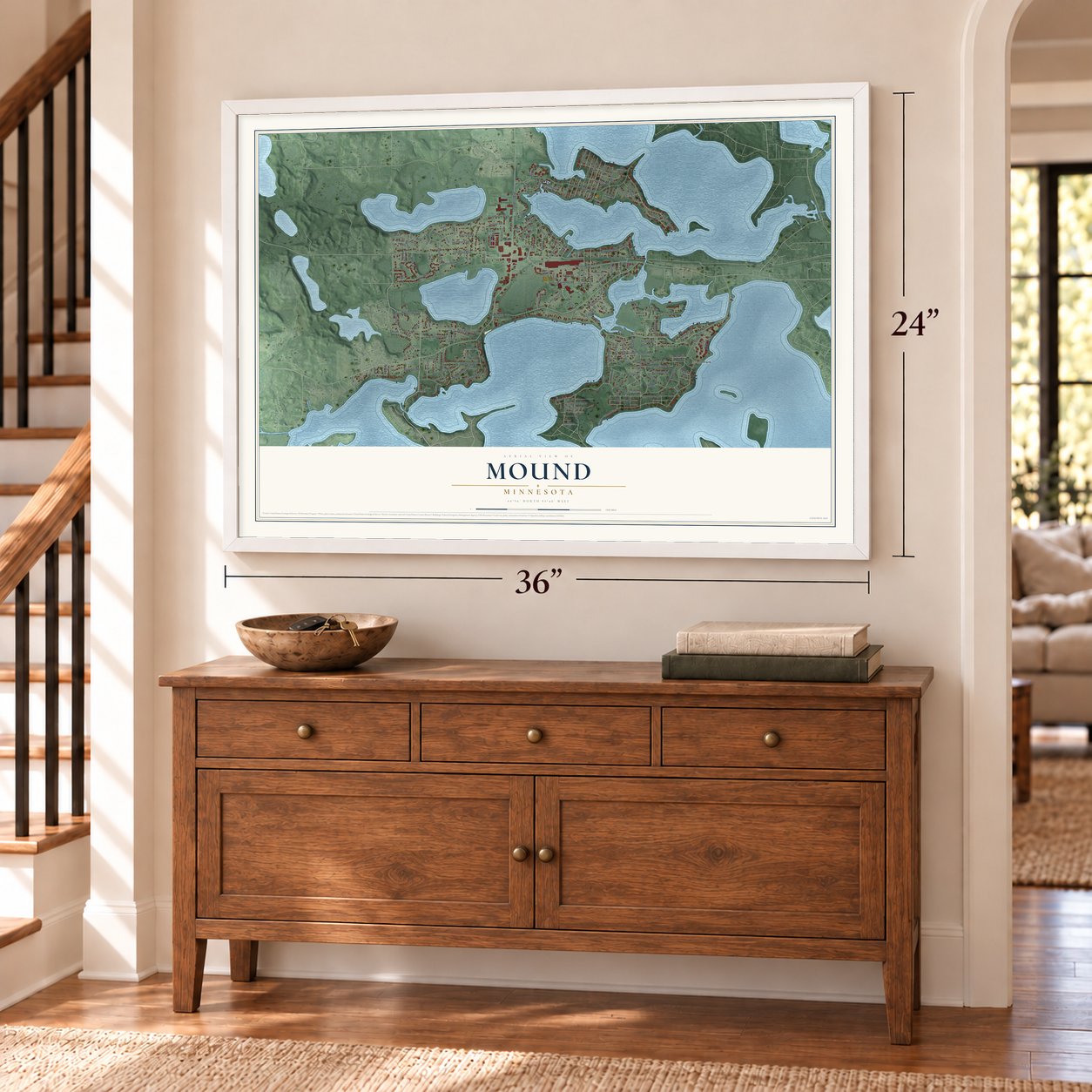 Mound, Minnesota map, 24 x 36 inch print in a white frame above a dresser by a staircase