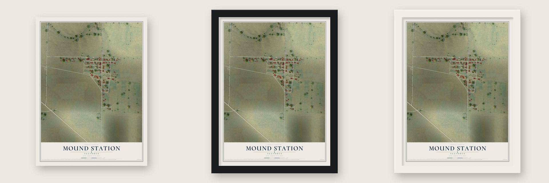 Mound Station, Illinois map unframed, in a black wood frame and in a white wood frame