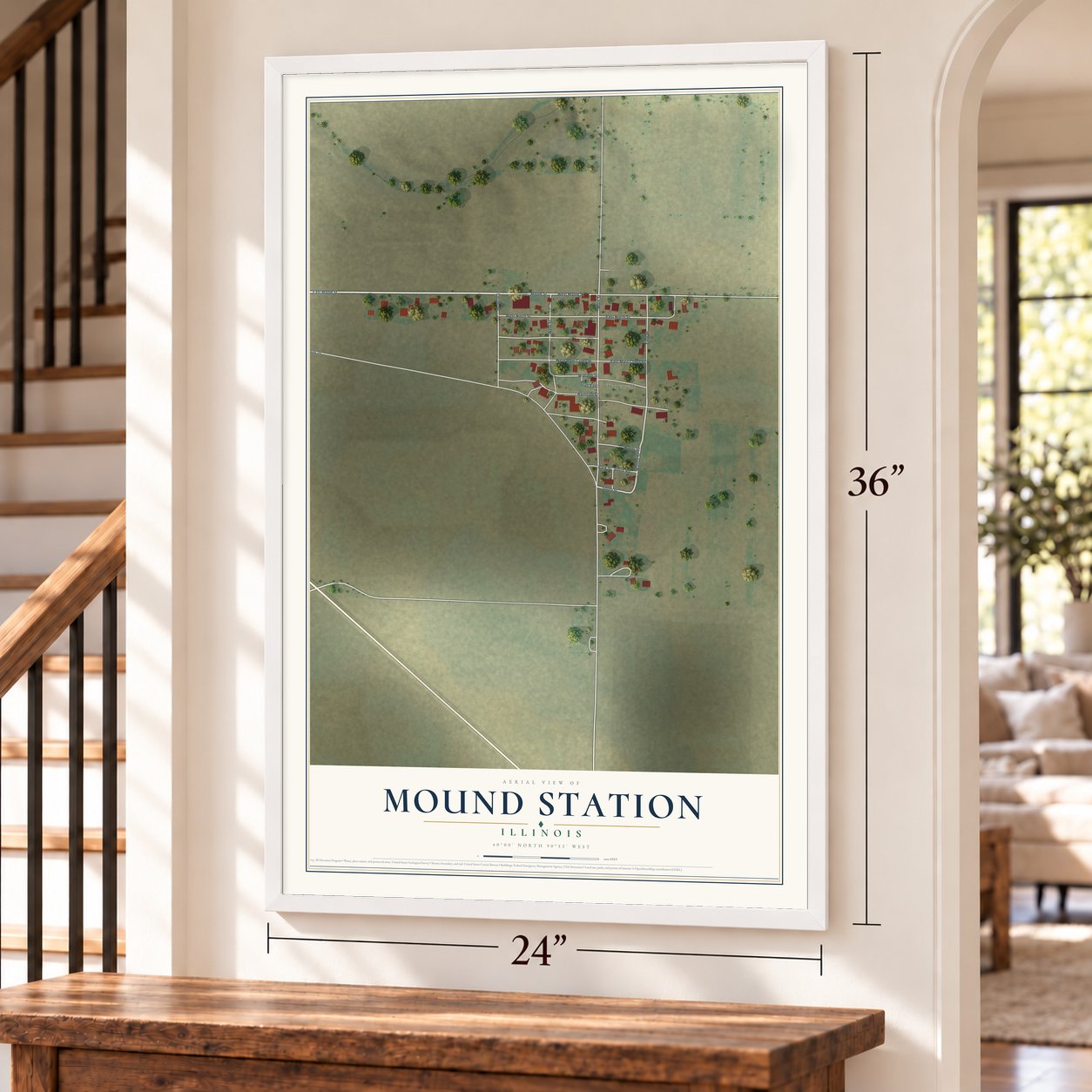 Mound Station, Illinois map, 24 x 36 inch print in a white frame by a staircase