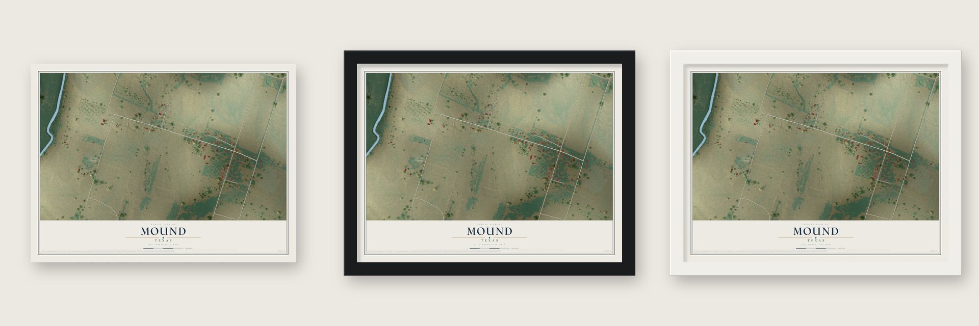 Mound, Texas map unframed, in a black wood frame and in a white wood frame