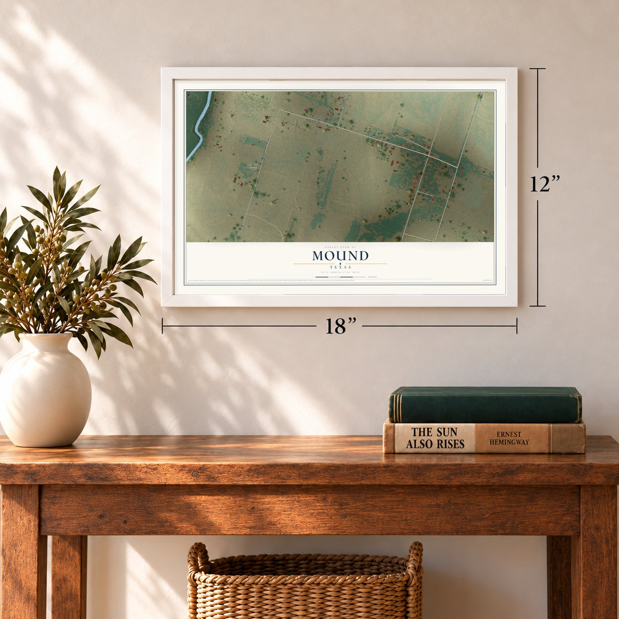 Mound, Texas map, 12 x 18 inch print in a white frame in an entryway