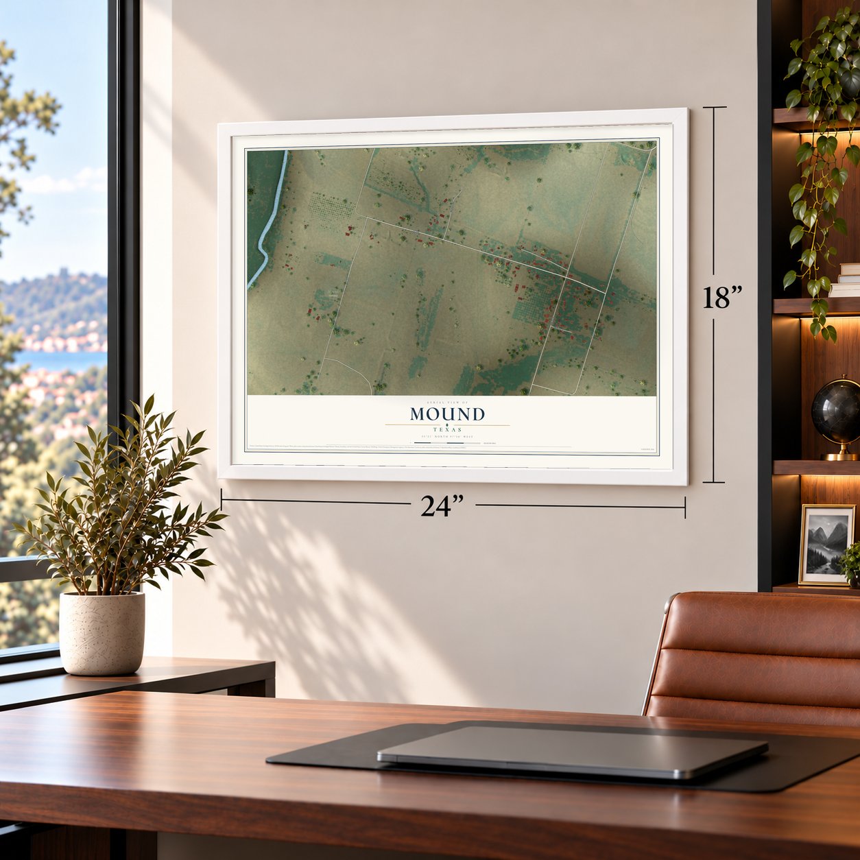 Mound, Texas map, 18 x 24 inch print in a white frame in a home office