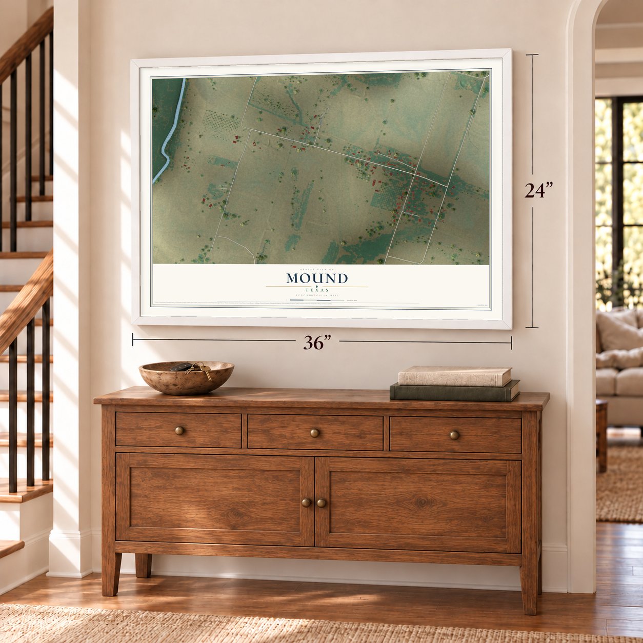 Mound, Texas map, 24 x 36 inch print in a white frame above a dresser by a staircase