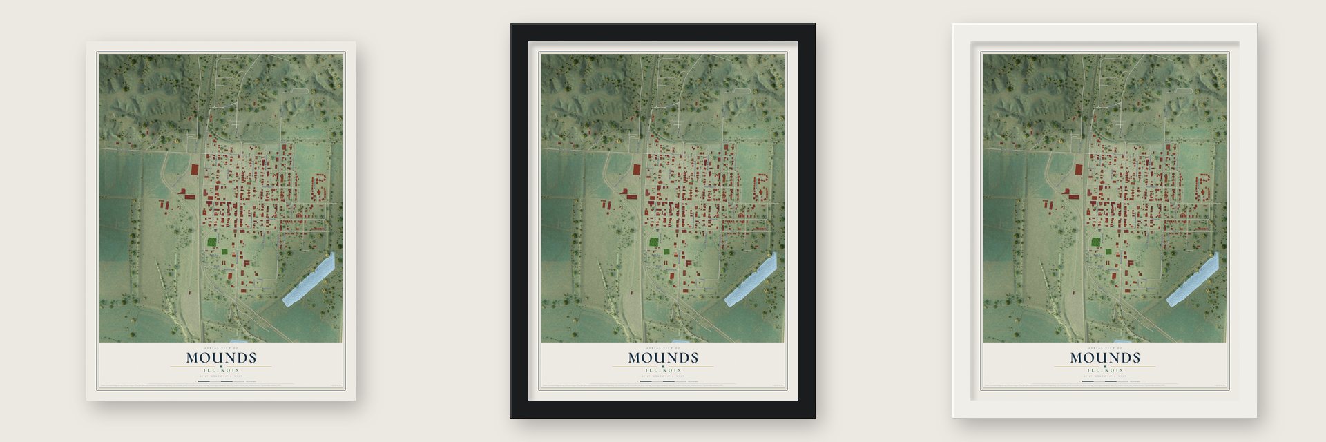 Mounds, Illinois map unframed, in a black wood frame and in a white wood frame