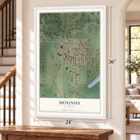 Mounds, Illinois map, 24 x 36 inch print in a white frame by a staircase