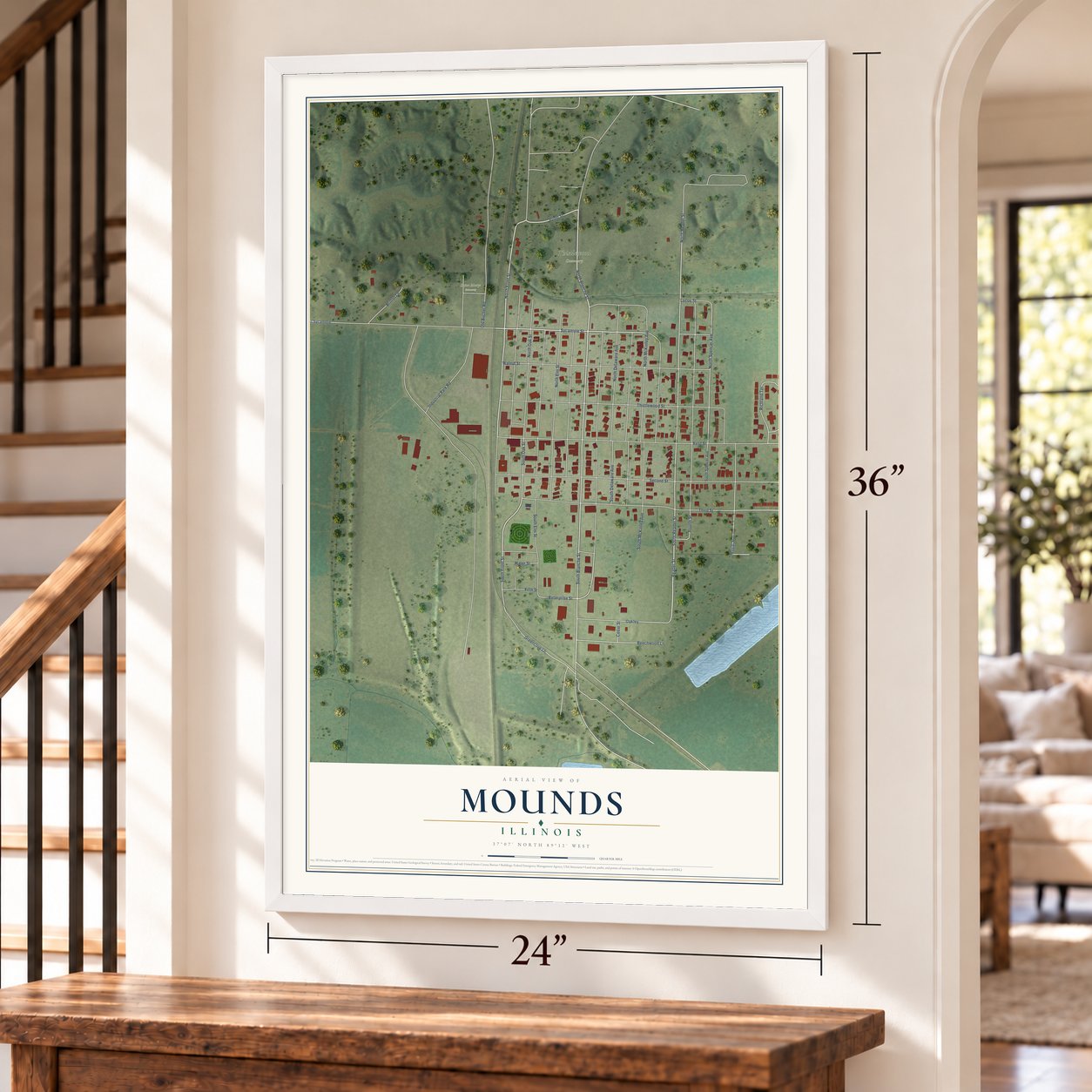 Mounds, Illinois map, 24 x 36 inch print in a white frame by a staircase