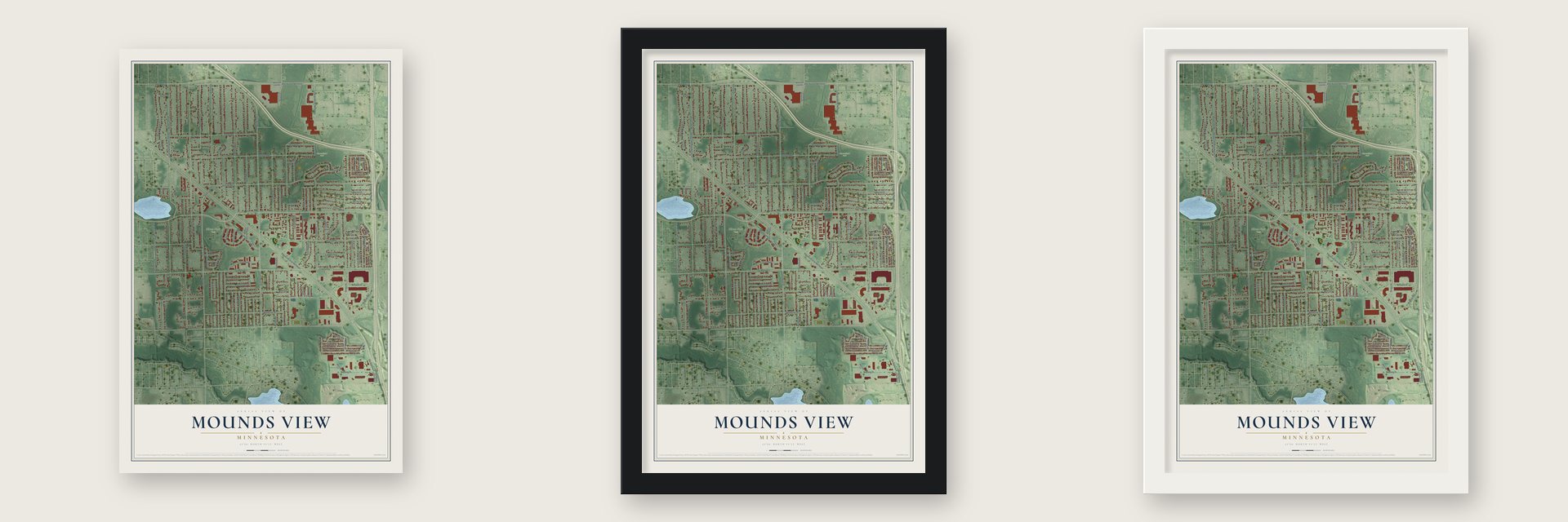 Mounds View, Minnesota map unframed, in a black wood frame and in a white wood frame