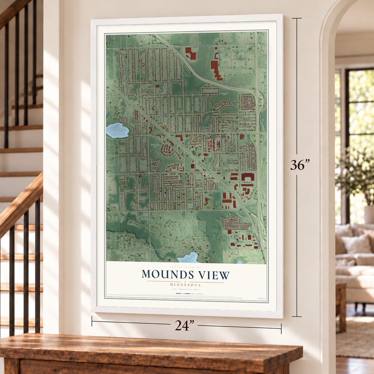 Mounds View, Minnesota map, 24 x 36 inch print in a white frame by a staircase