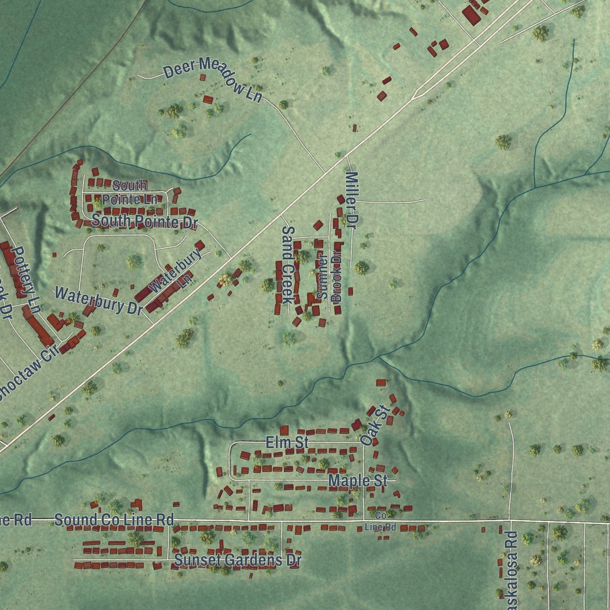 Second close-up of the map of Moundville, Alabama print showing more streets and buildings