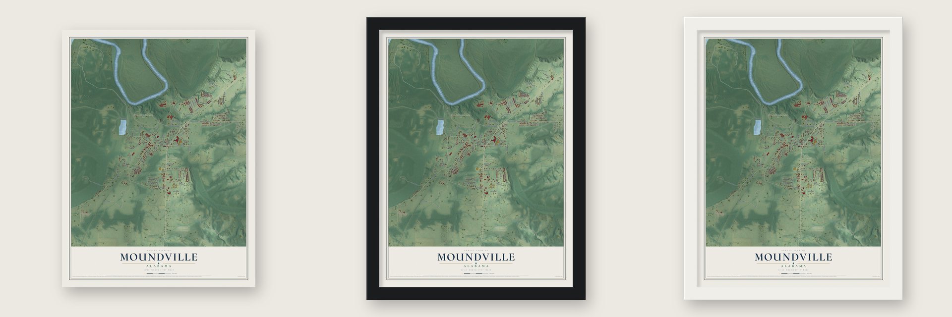 Moundville, Alabama map unframed, in a black wood frame and in a white wood frame