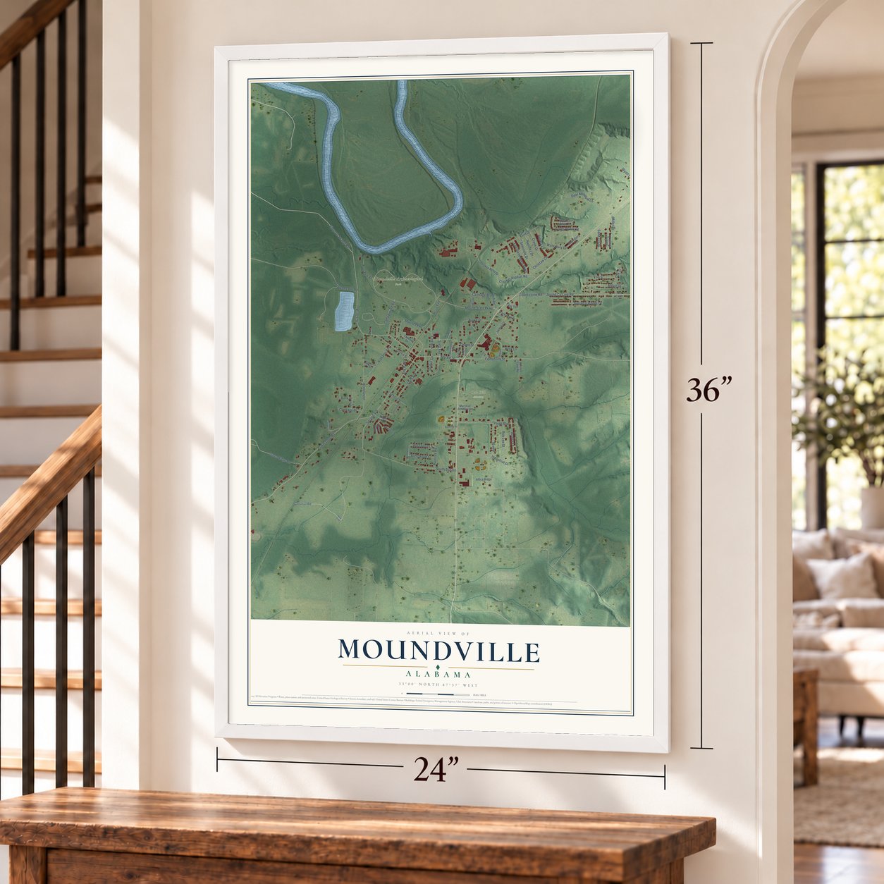 Moundville, Alabama map, 24 x 36 inch print in a white frame by a staircase