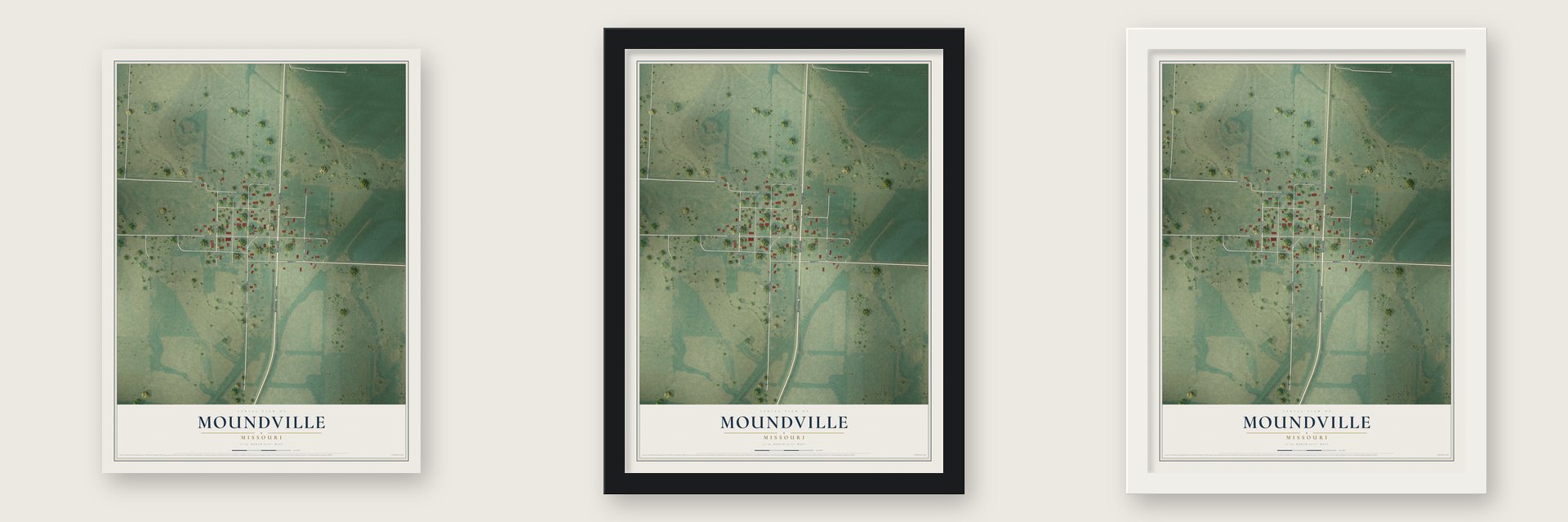 Moundville, Missouri map unframed, in a black wood frame and in a white wood frame