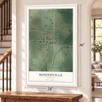 Moundville, Missouri map, 24 x 36 inch print in a white frame by a staircase