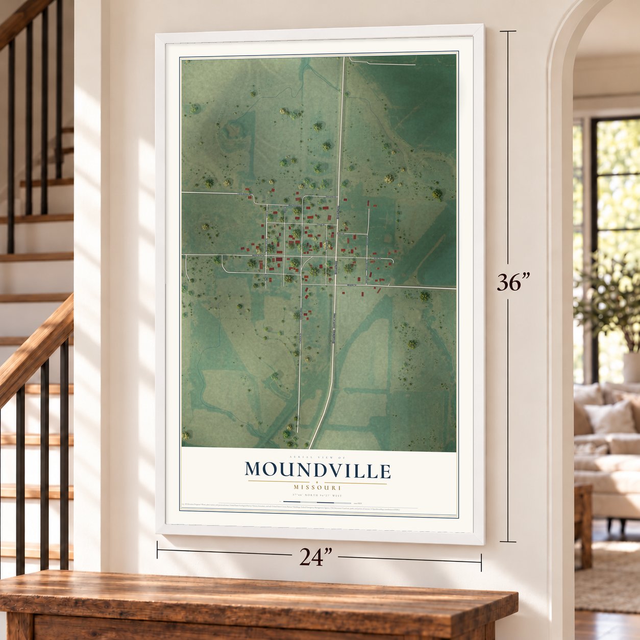 Moundville, Missouri map, 24 x 36 inch print in a white frame by a staircase