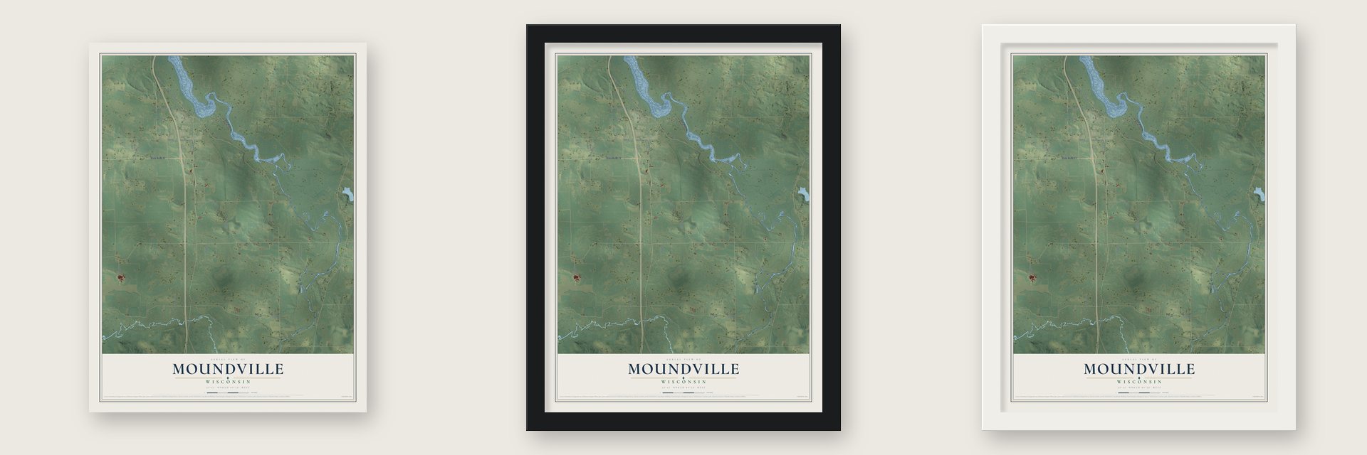 Moundville, Wisconsin map unframed, in a black wood frame and in a white wood frame