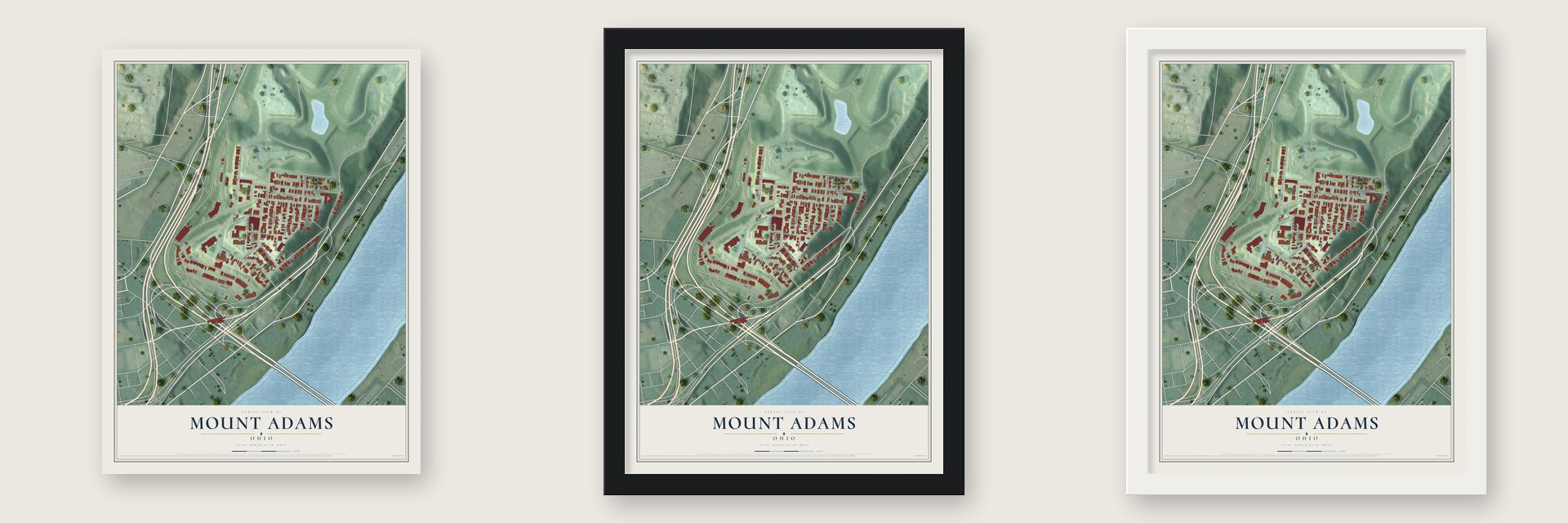 Mount Adams, Ohio map unframed, in a black wood frame and in a white wood frame